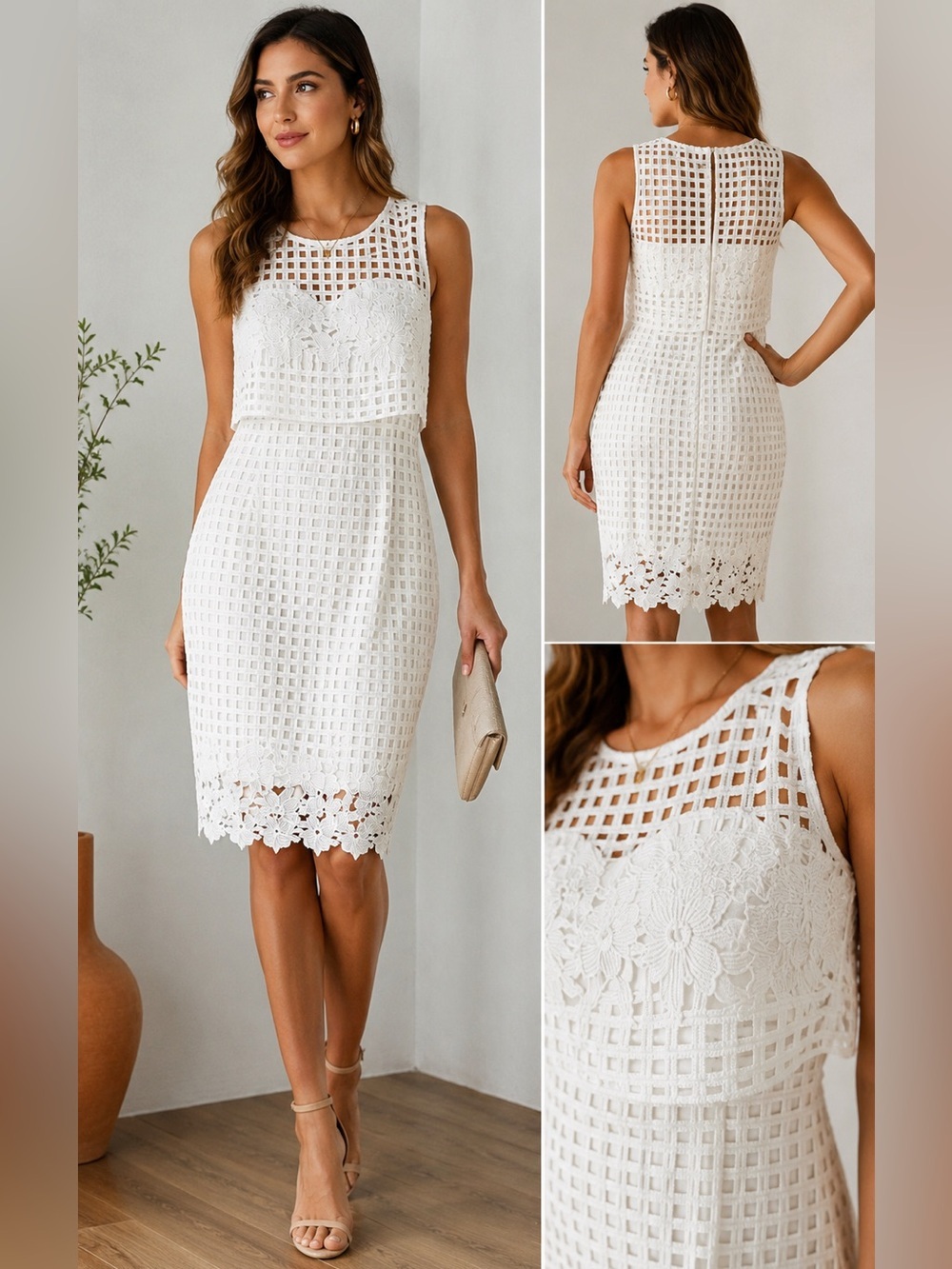 PatBO White Crochet Geometric Lace Sheath Dress Sz 6 Altered - Fits XS